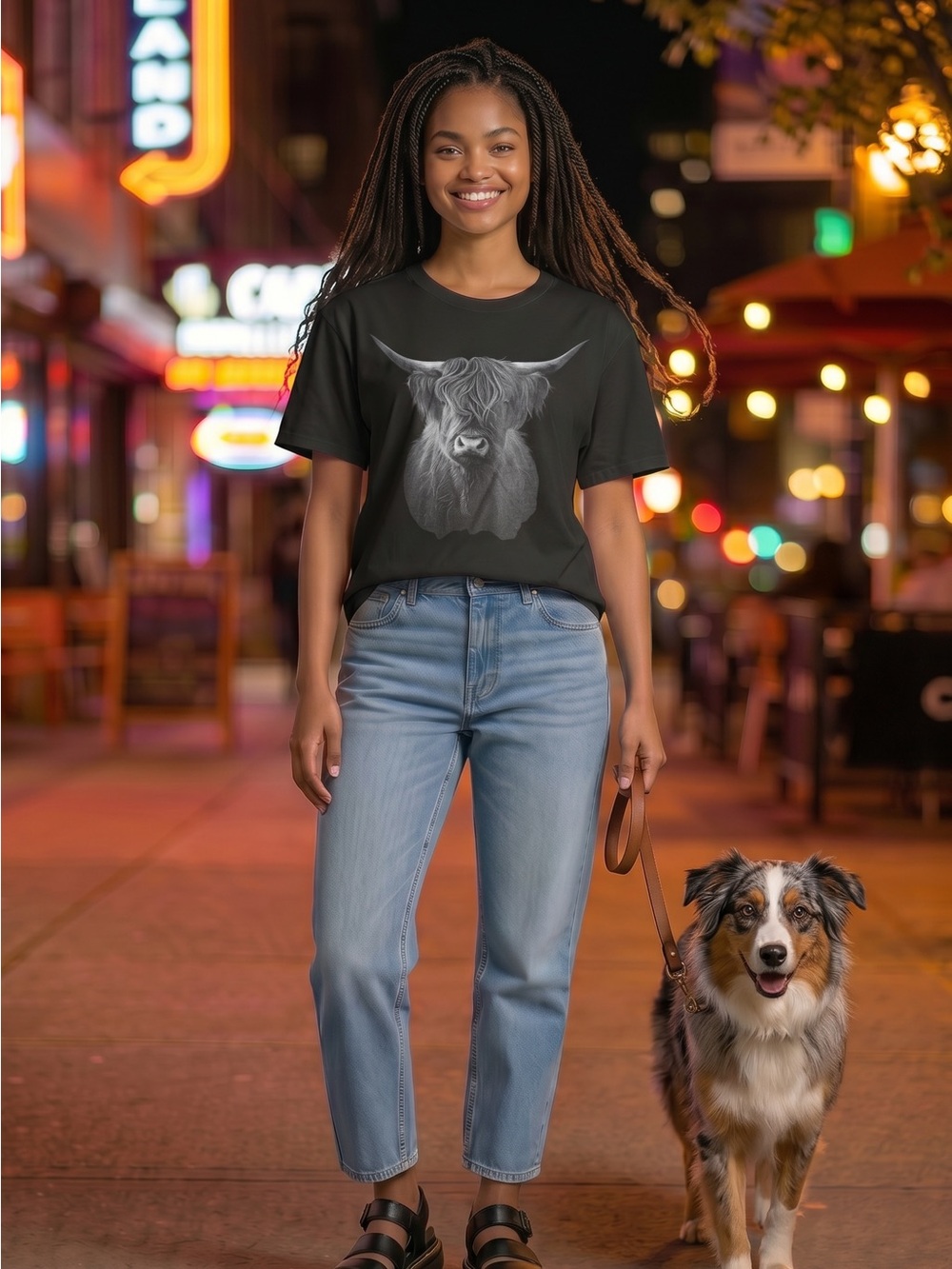 Women’s Black Short Sleeve Tee with Highland Cow Graphic